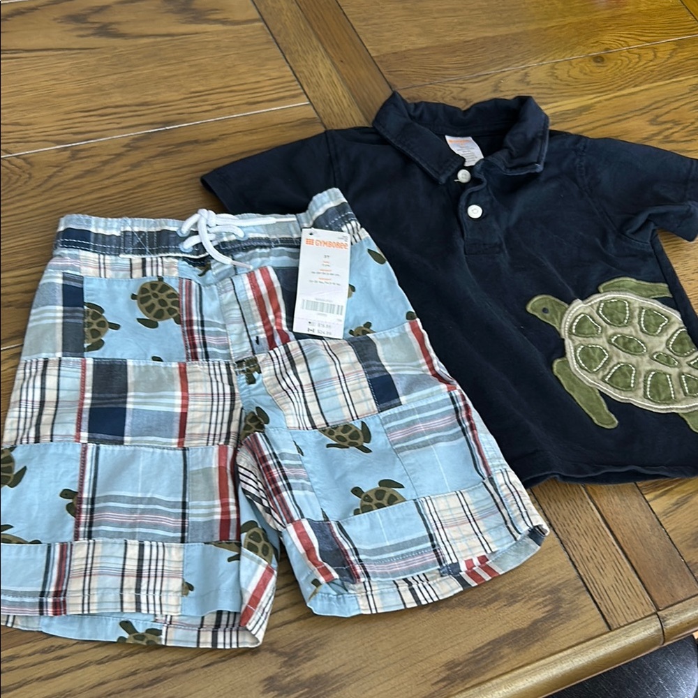 Toddler boys Gymboree 3t Turtle Outfit with Plaid Shorts